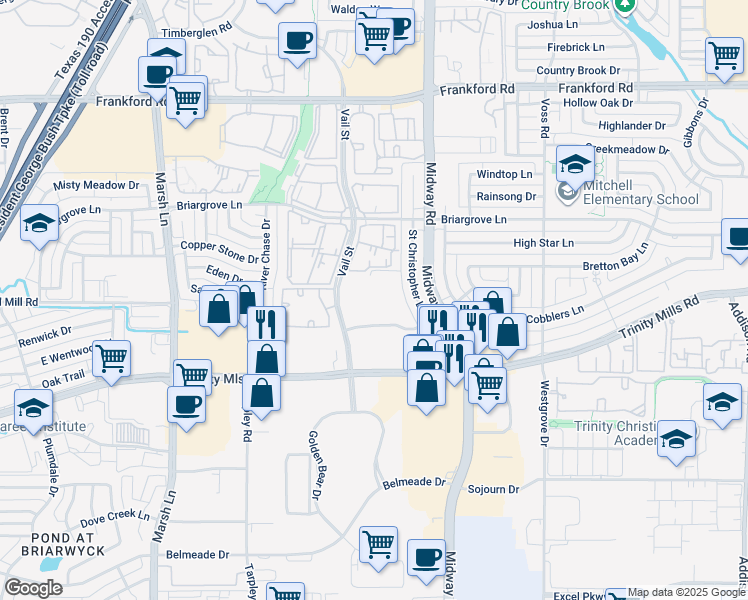 map of restaurants, bars, coffee shops, grocery stores, and more near 3901 Accent Drive in Dallas