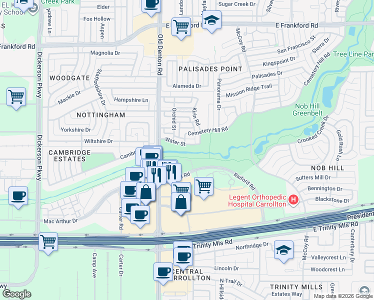 map of restaurants, bars, coffee shops, grocery stores, and more near 1137 Water Street in Carrollton