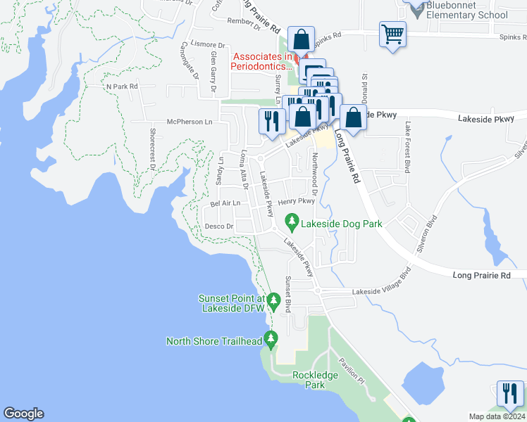 map of restaurants, bars, coffee shops, grocery stores, and more near 2770 Lakeside Parkway in Grapevine