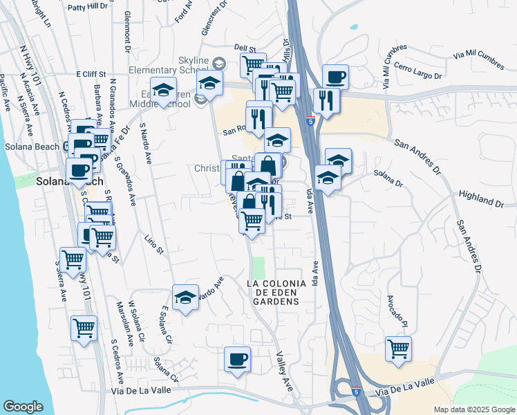 map of restaurants, bars, coffee shops, grocery stores, and more near 722 Genevieve Street in Solana Beach