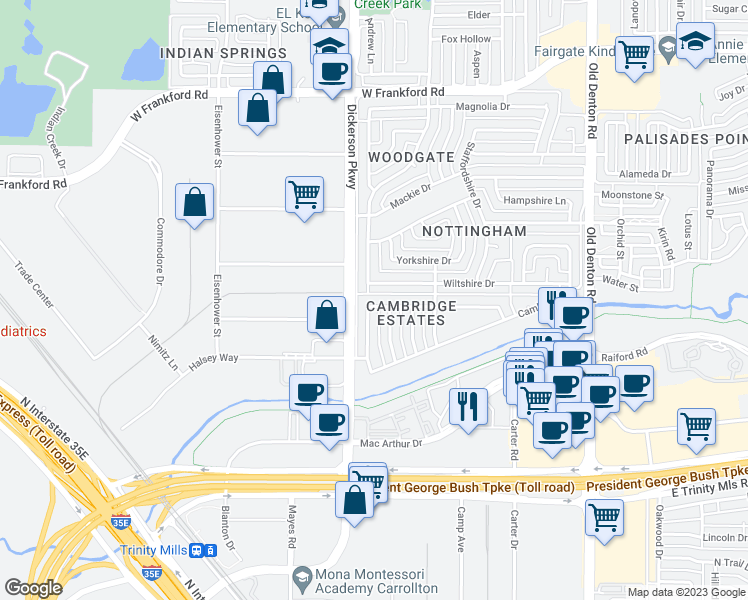 map of restaurants, bars, coffee shops, grocery stores, and more near 1226 Dentonshire Drive in Carrollton