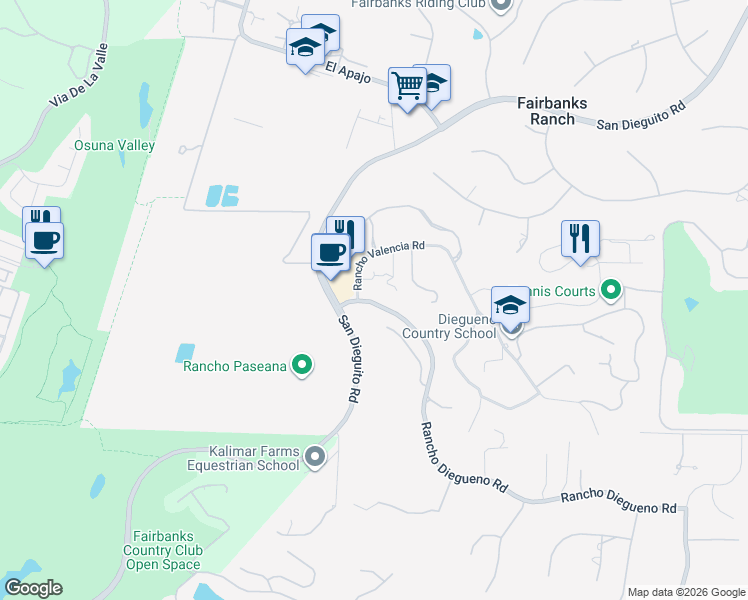 map of restaurants, bars, coffee shops, grocery stores, and more near 5820 Rancho Diegueno Road in Del Mar