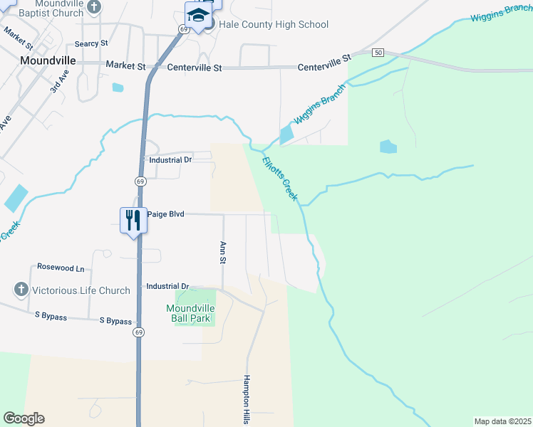 map of restaurants, bars, coffee shops, grocery stores, and more near 241 Paige Boulevard in Moundville