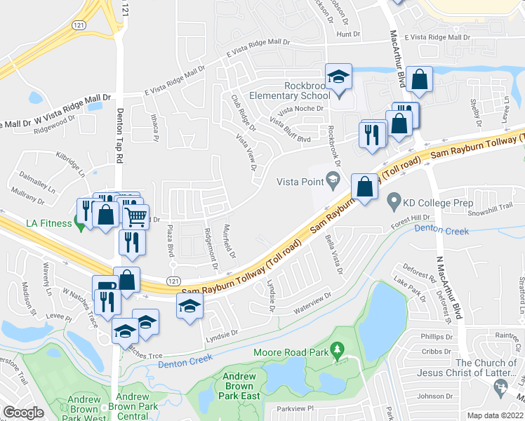 map of restaurants, bars, coffee shops, grocery stores, and more near 351 Texas 121 Bypass in Lewisville