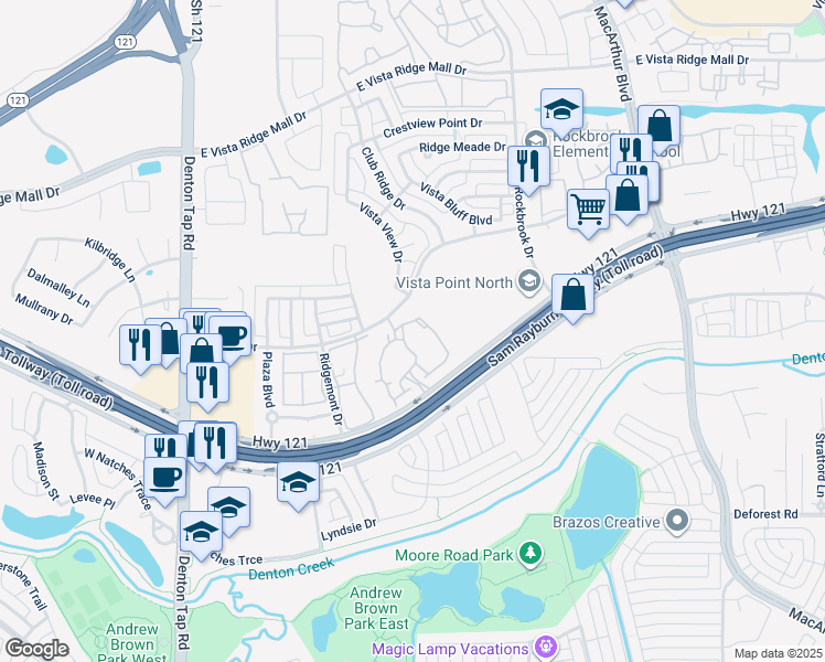 map of restaurants, bars, coffee shops, grocery stores, and more near 351 State Highway 121 Bypass in Lewisville