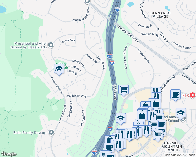 map of restaurants, bars, coffee shops, grocery stores, and more near 15170 Andorra Way in San Diego