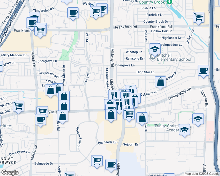 map of restaurants, bars, coffee shops, grocery stores, and more near 4048 Saint Christopher Lane in Dallas