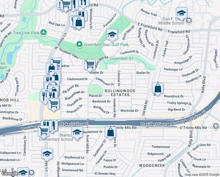 map of restaurants, bars, coffee shops, grocery stores, and more near 2124 Rockwood Drive in Carrollton