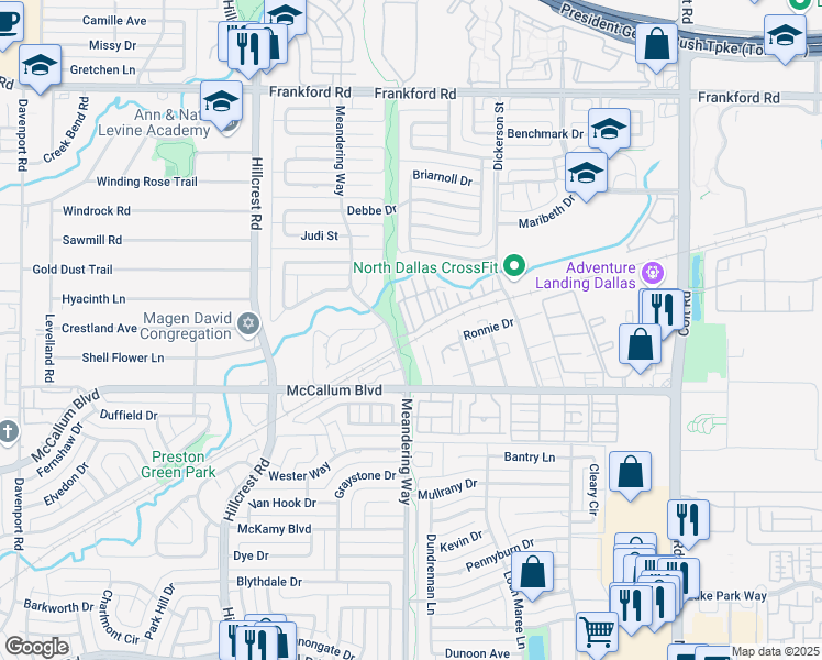 map of restaurants, bars, coffee shops, grocery stores, and more near 17455 Energy Lane in Dallas