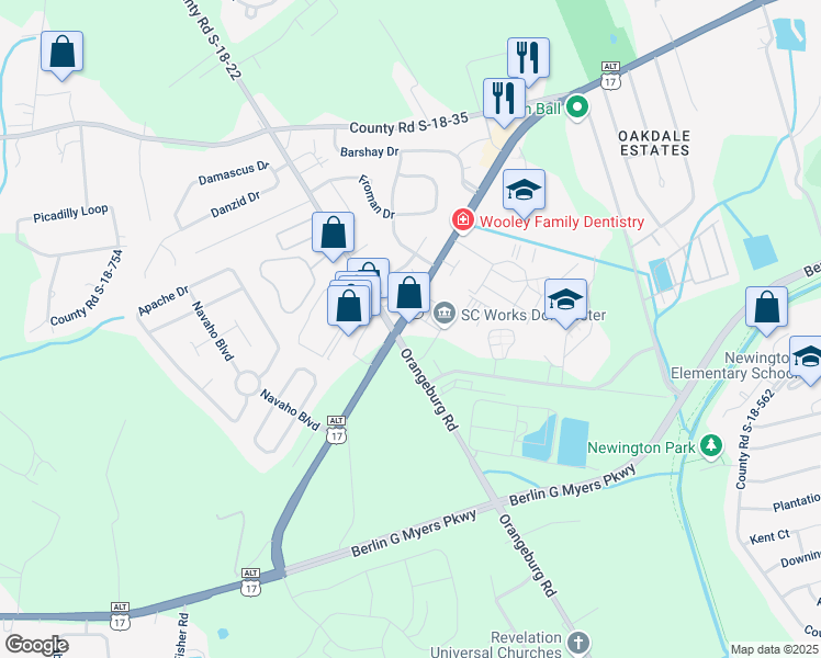 map of restaurants, bars, coffee shops, grocery stores, and more near 1397 Boonehill Road in Summerville