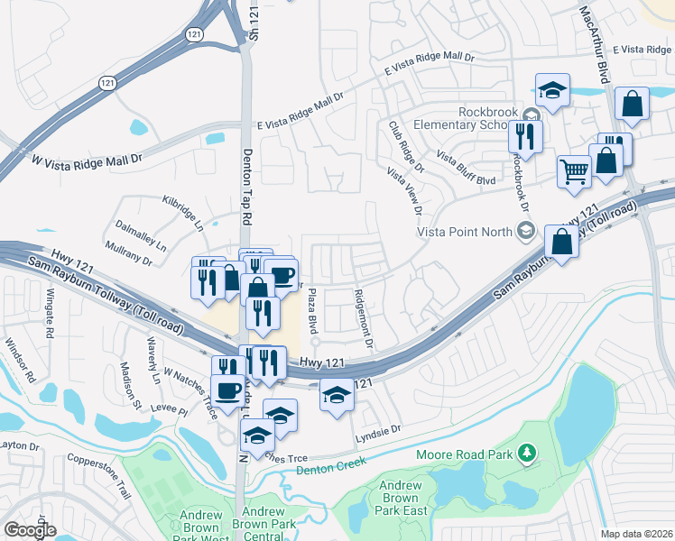map of restaurants, bars, coffee shops, grocery stores, and more near 2878 Hilldale Drive in Lewisville