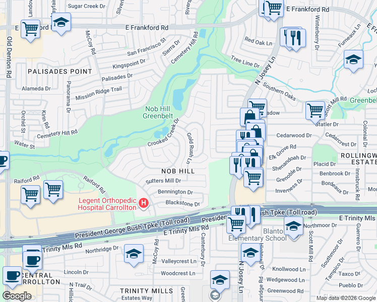 map of restaurants, bars, coffee shops, grocery stores, and more near 1701 Big Canyon Trail in Carrollton
