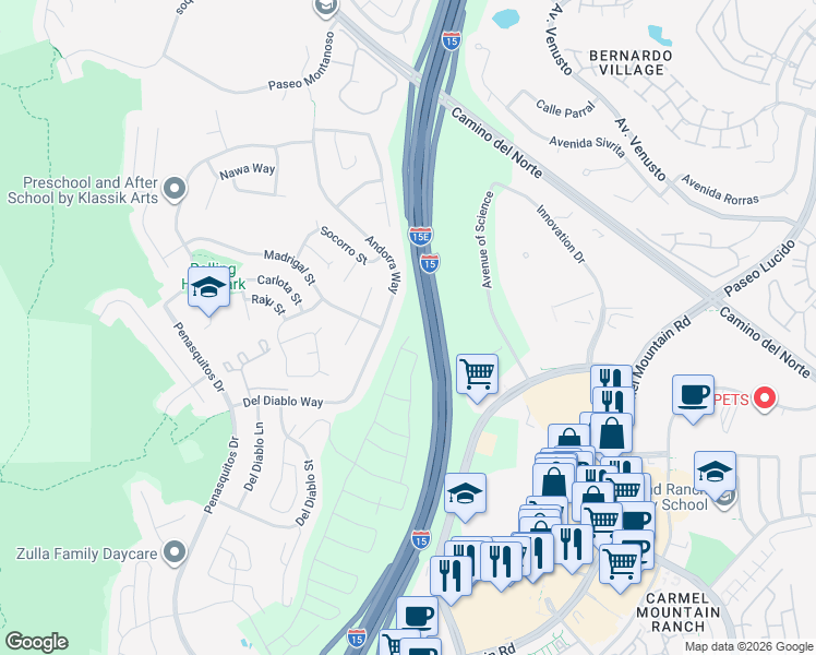 map of restaurants, bars, coffee shops, grocery stores, and more near 15366 Junipers Drive in San Diego
