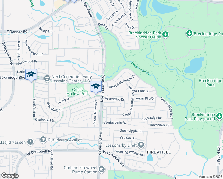 map of restaurants, bars, coffee shops, grocery stores, and more near 2908 Greenfield Court in Richardson