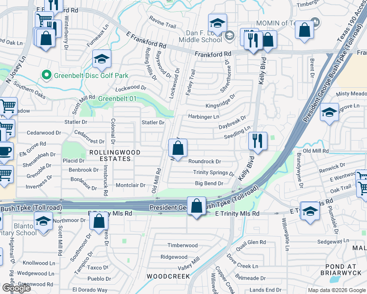map of restaurants, bars, coffee shops, grocery stores, and more near 2210 Old Mill Road in Carrollton