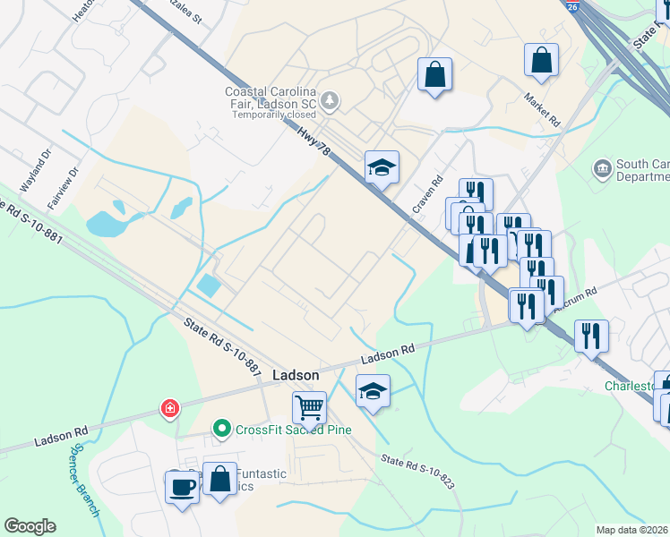 map of restaurants, bars, coffee shops, grocery stores, and more near 9670 Stoney in Ladson