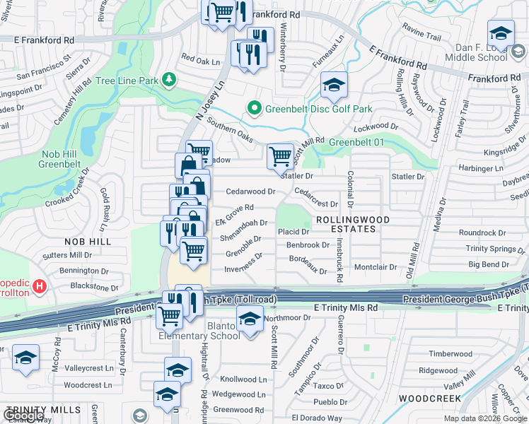 map of restaurants, bars, coffee shops, grocery stores, and more near 2027 Shenandoah Drive in Carrollton