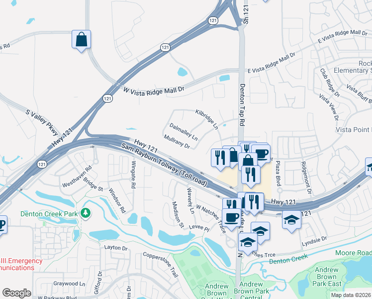 map of restaurants, bars, coffee shops, grocery stores, and more near 370 Texas 121 in Coppell