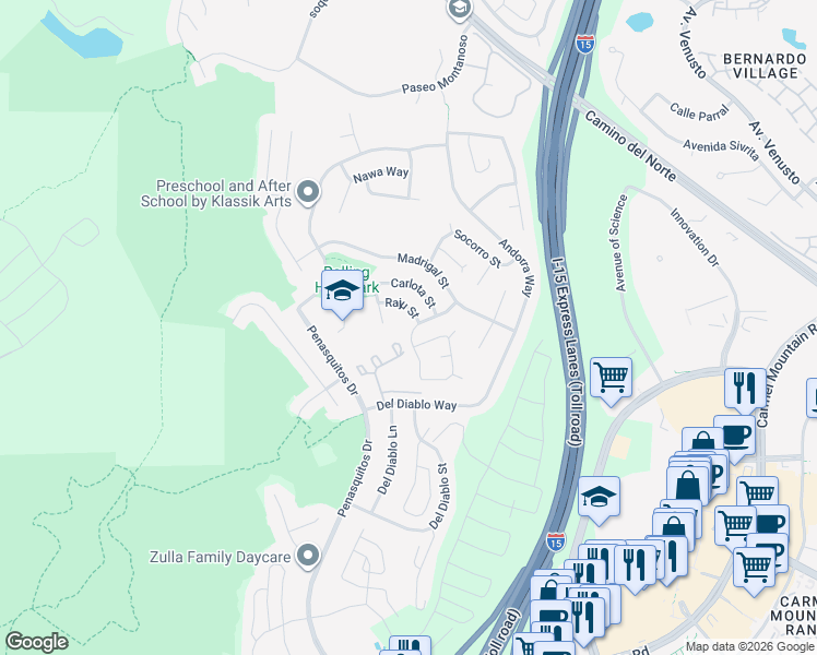 map of restaurants, bars, coffee shops, grocery stores, and more near 15220 Amalia Street in San Diego