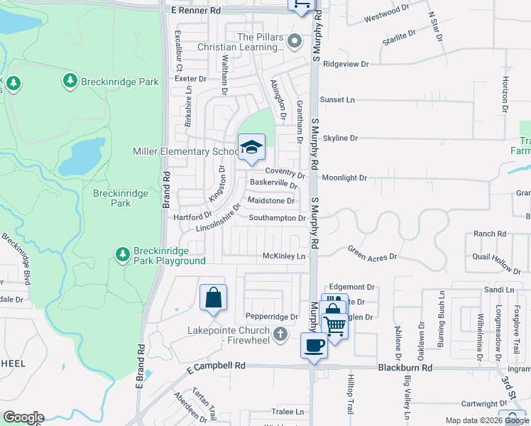 map of restaurants, bars, coffee shops, grocery stores, and more near 5702 Southampton Drive in Richardson