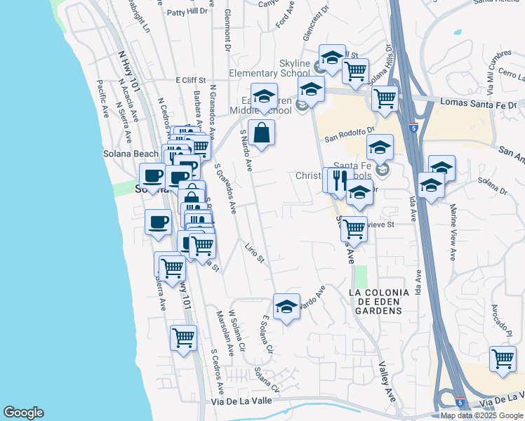 map of restaurants, bars, coffee shops, grocery stores, and more near 314 South Nardo Avenue in Solana Beach