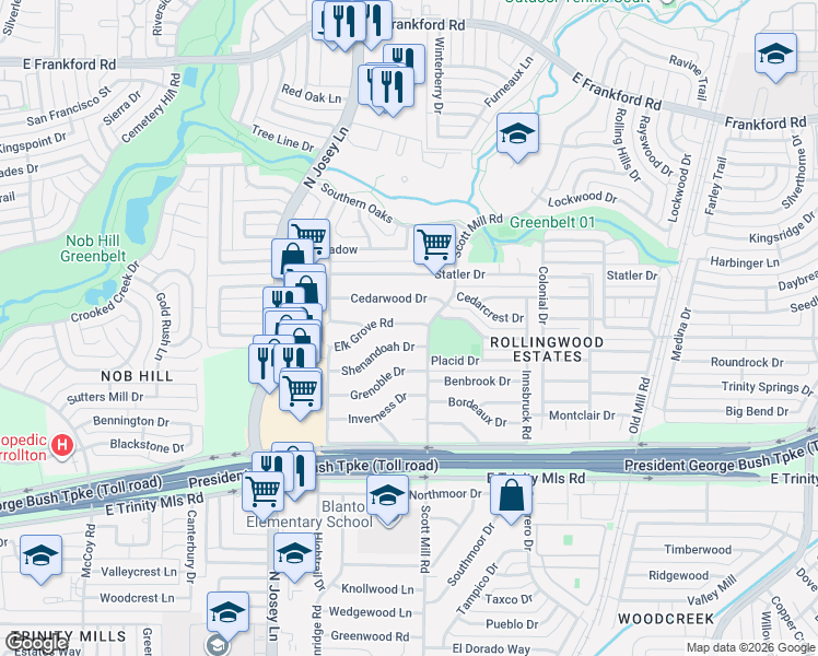 map of restaurants, bars, coffee shops, grocery stores, and more near 2027 Shenandoah Drive in Carrollton