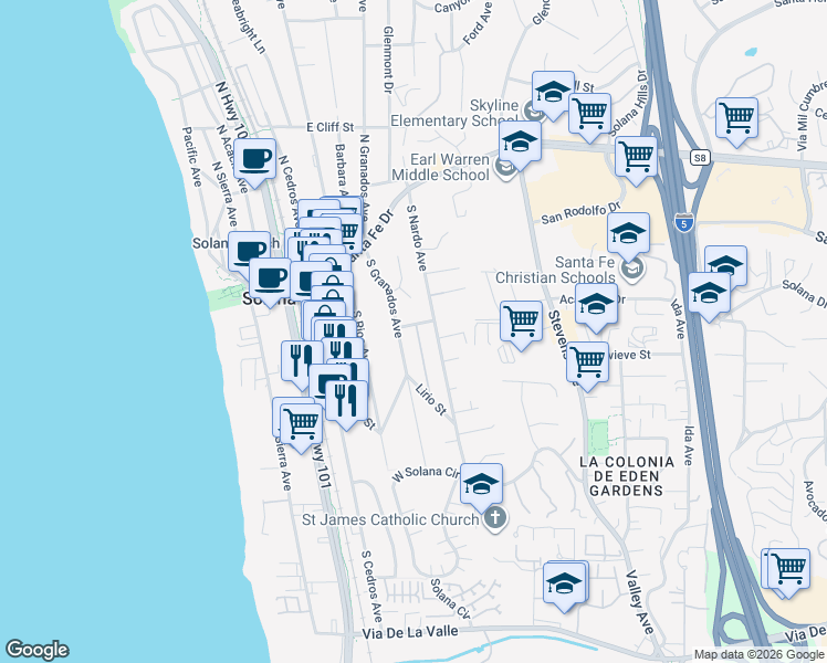 map of restaurants, bars, coffee shops, grocery stores, and more near 311 Corto Street in Solana Beach