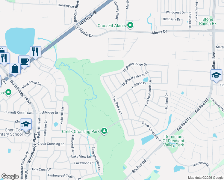 map of restaurants, bars, coffee shops, grocery stores, and more near 537 Highland Fairway Lane in Wylie