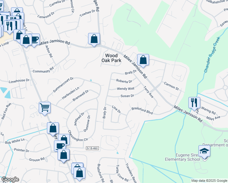 map of restaurants, bars, coffee shops, grocery stores, and more near 104 Wendy Way in Summerville