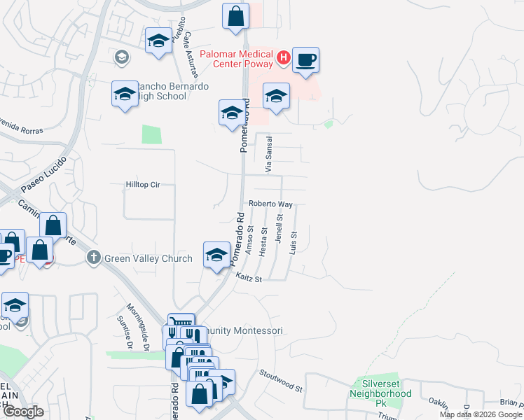 map of restaurants, bars, coffee shops, grocery stores, and more near 15234 Hesta Street in Poway