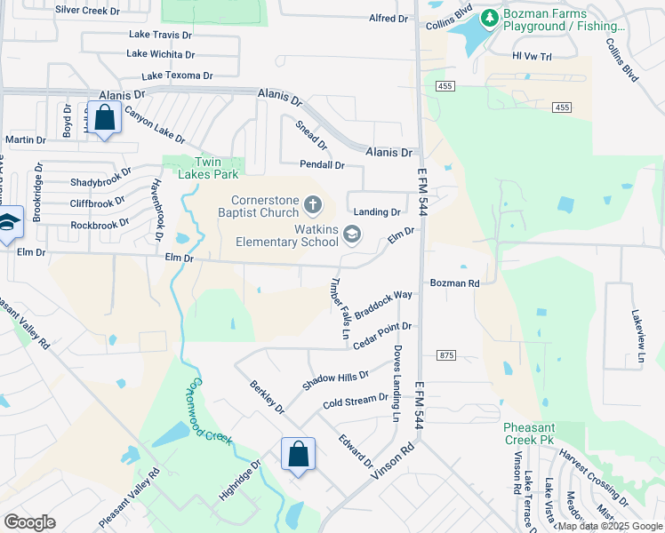 map of restaurants, bars, coffee shops, grocery stores, and more near 1301 Elm Drive in Wylie