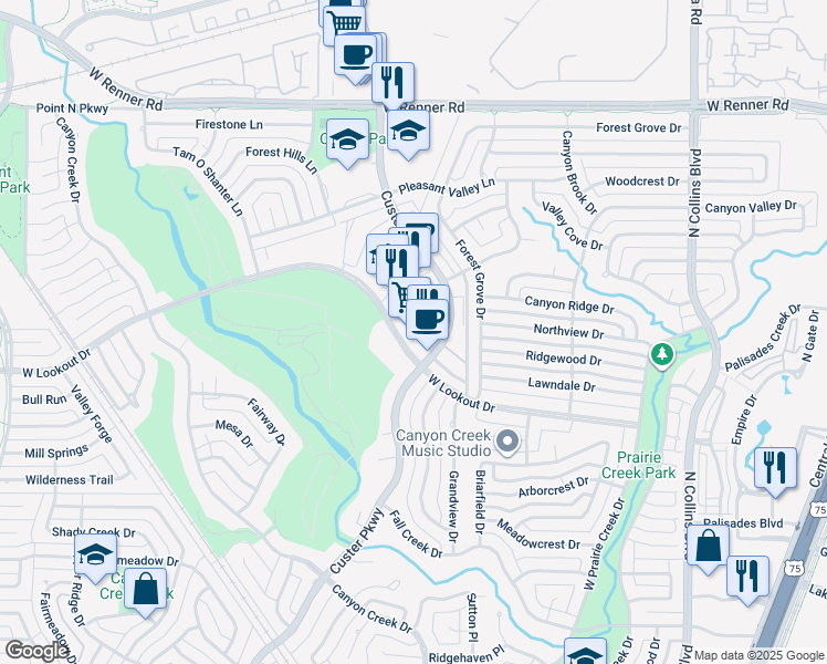 map of restaurants, bars, coffee shops, grocery stores, and more near 500 West Lookout Drive in Richardson