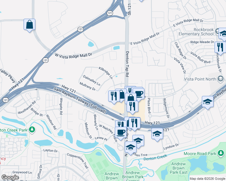 map of restaurants, bars, coffee shops, grocery stores, and more near 736 Kilbridge Lane in Coppell