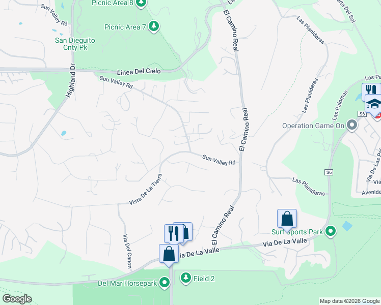 map of restaurants, bars, coffee shops, grocery stores, and more near Sun Valley Road & Ladera Sarina in Del Mar