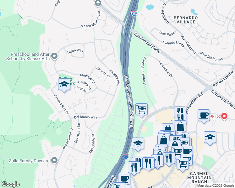 map of restaurants, bars, coffee shops, grocery stores, and more near 15213 Andorra Way in San Diego