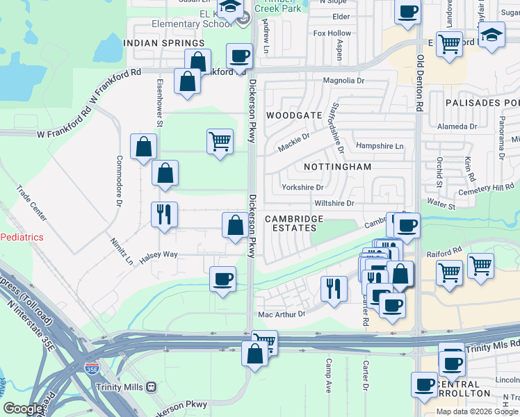 map of restaurants, bars, coffee shops, grocery stores, and more near 1226 Dentonshire Drive in Carrollton