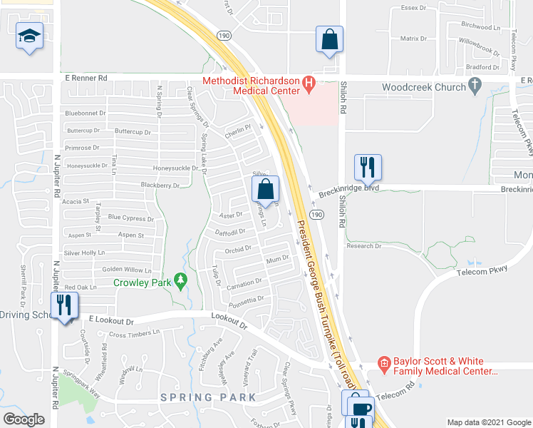 map of restaurants, bars, coffee shops, grocery stores, and more near 2966 Warm Springs Lane in Richardson