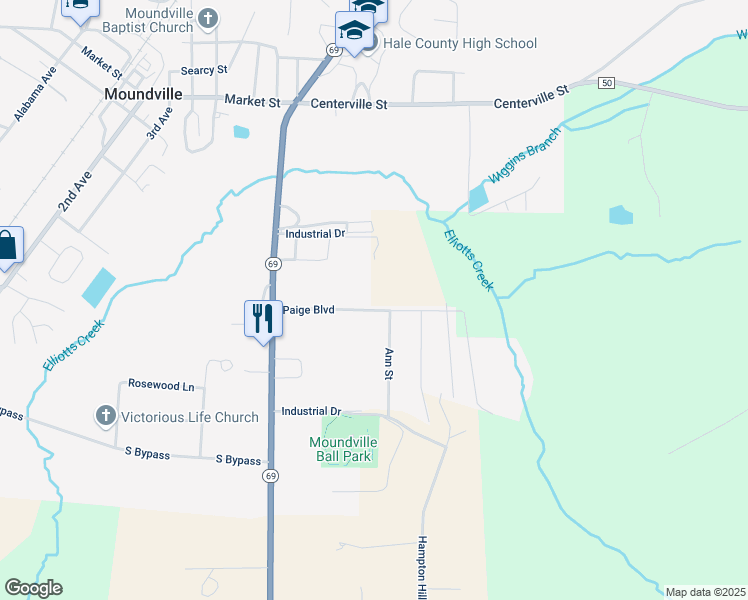map of restaurants, bars, coffee shops, grocery stores, and more near 241 Paige Boulevard in Moundville