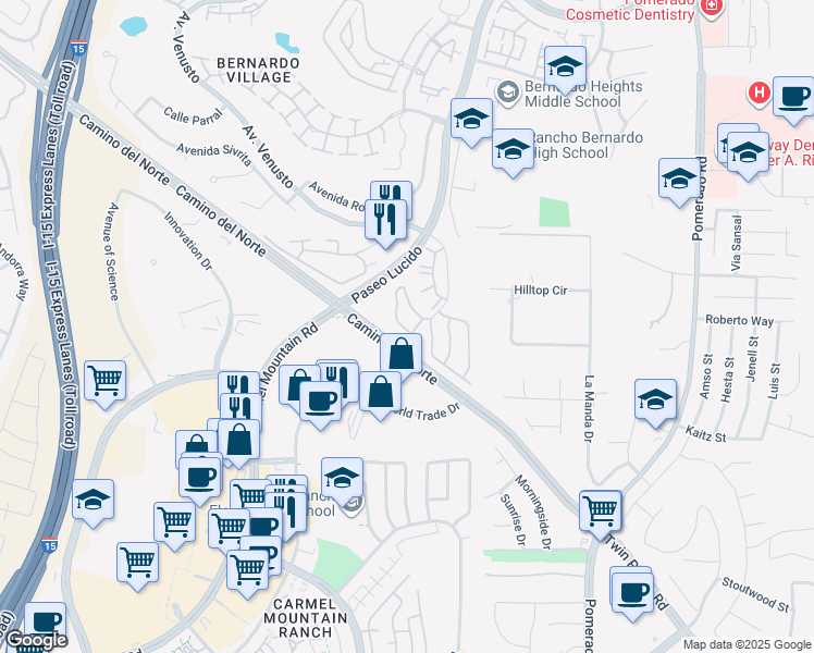 map of restaurants, bars, coffee shops, grocery stores, and more near 14918 Avenida Venusto in San Diego