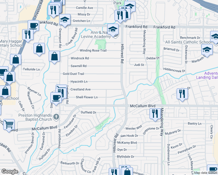map of restaurants, bars, coffee shops, grocery stores, and more near 6711 Starbuck Drive in Dallas