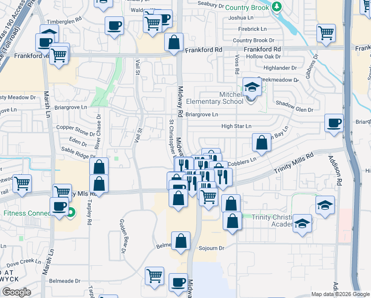 map of restaurants, bars, coffee shops, grocery stores, and more near 4100 Midway Road in Dallas