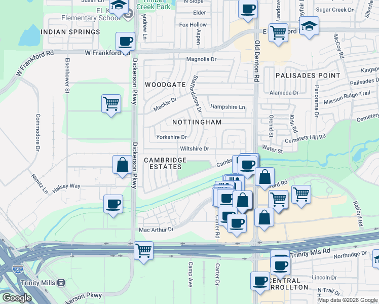 map of restaurants, bars, coffee shops, grocery stores, and more near 1112 Dentonshire Drive in Carrollton