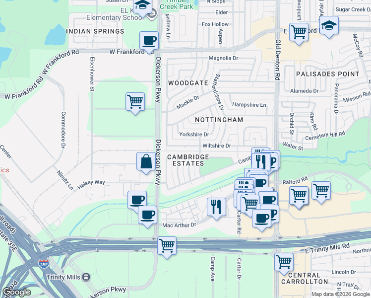 map of restaurants, bars, coffee shops, grocery stores, and more near 2714 Brookshire Drive in Carrollton
