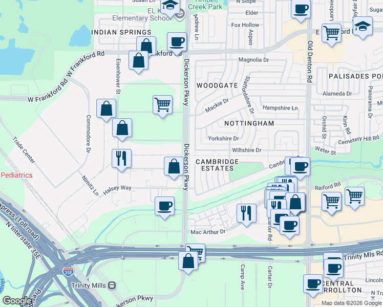 map of restaurants, bars, coffee shops, grocery stores, and more near 1226 Dentonshire Drive in Carrollton