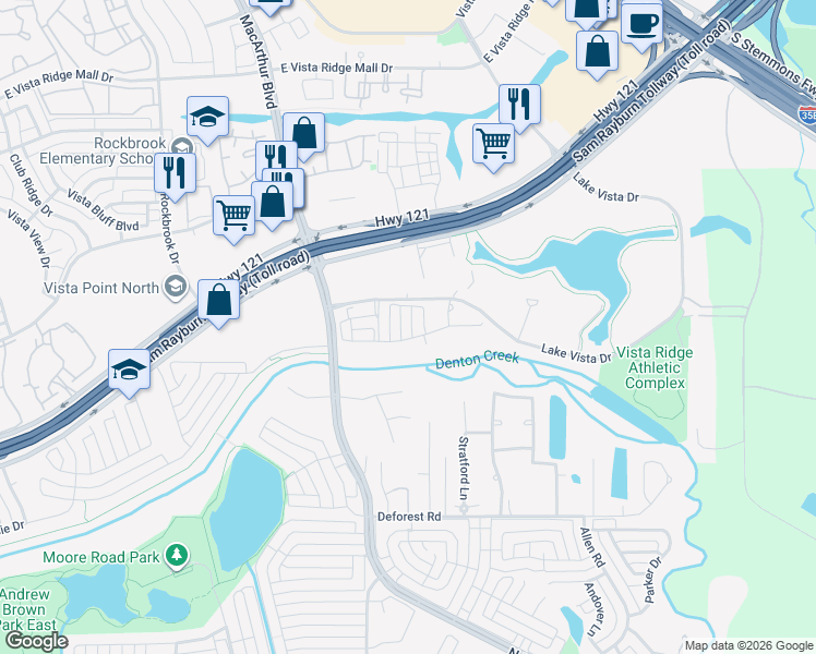map of restaurants, bars, coffee shops, grocery stores, and more near 845 Snowshill Trail in Coppell