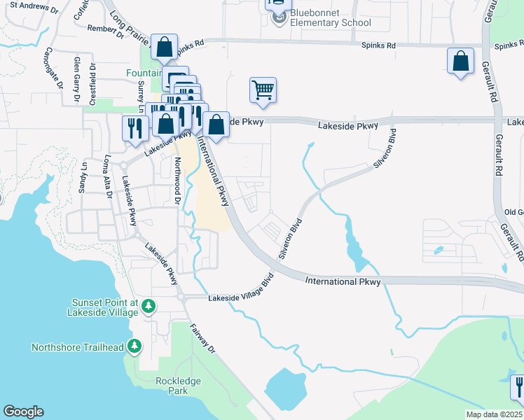 map of restaurants, bars, coffee shops, grocery stores, and more near 350 Long Prairie Road in Flower Mound