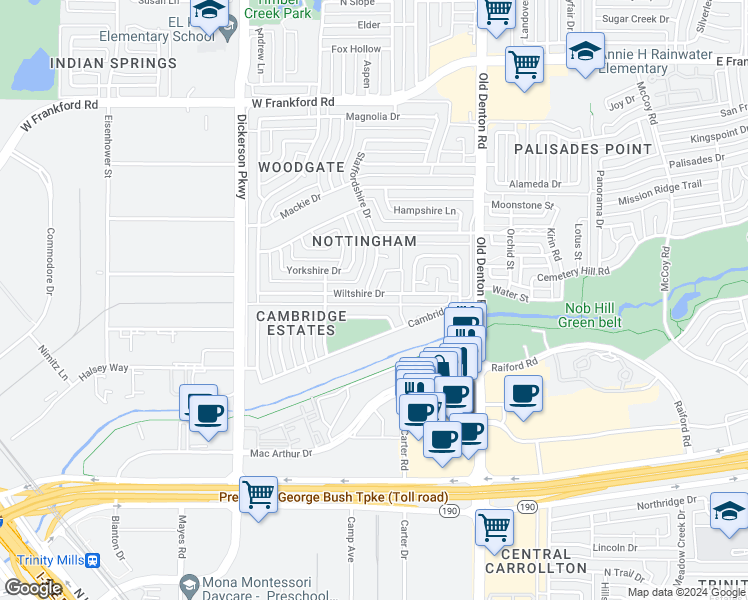 map of restaurants, bars, coffee shops, grocery stores, and more near 1107 Wiltshire Drive in Carrollton