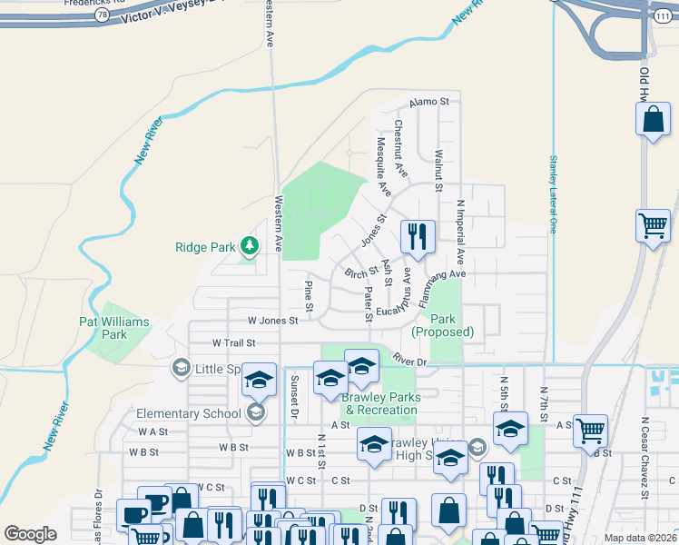 map of restaurants, bars, coffee shops, grocery stores, and more near 828 Sequoia Ave in Brawley