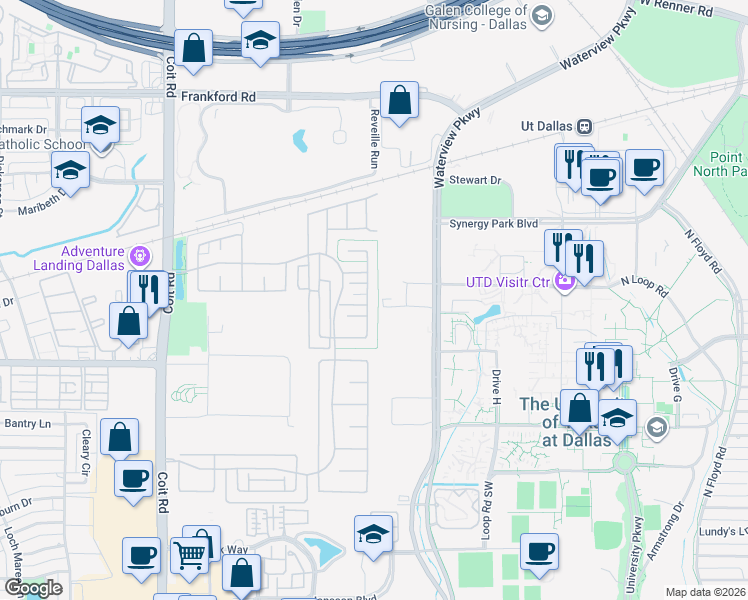 map of restaurants, bars, coffee shops, grocery stores, and more near 17550 Bottlebrush Drive in Dallas