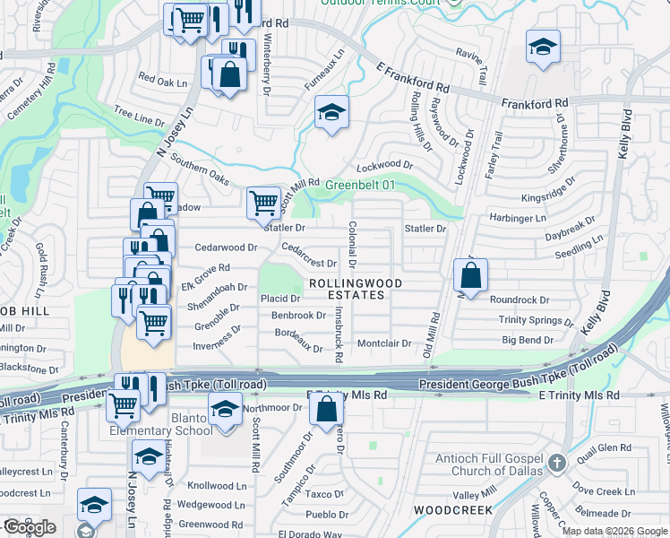 map of restaurants, bars, coffee shops, grocery stores, and more near 2124 Rockwood Drive in Carrollton